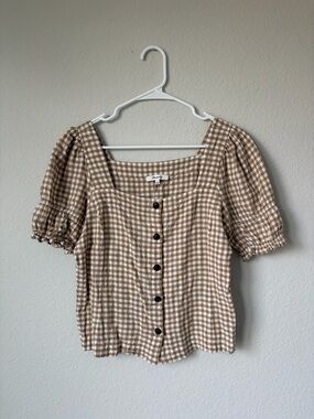 Madewell Brown and White Gingham Square Neck Puff Sleeve Blouse Size Small